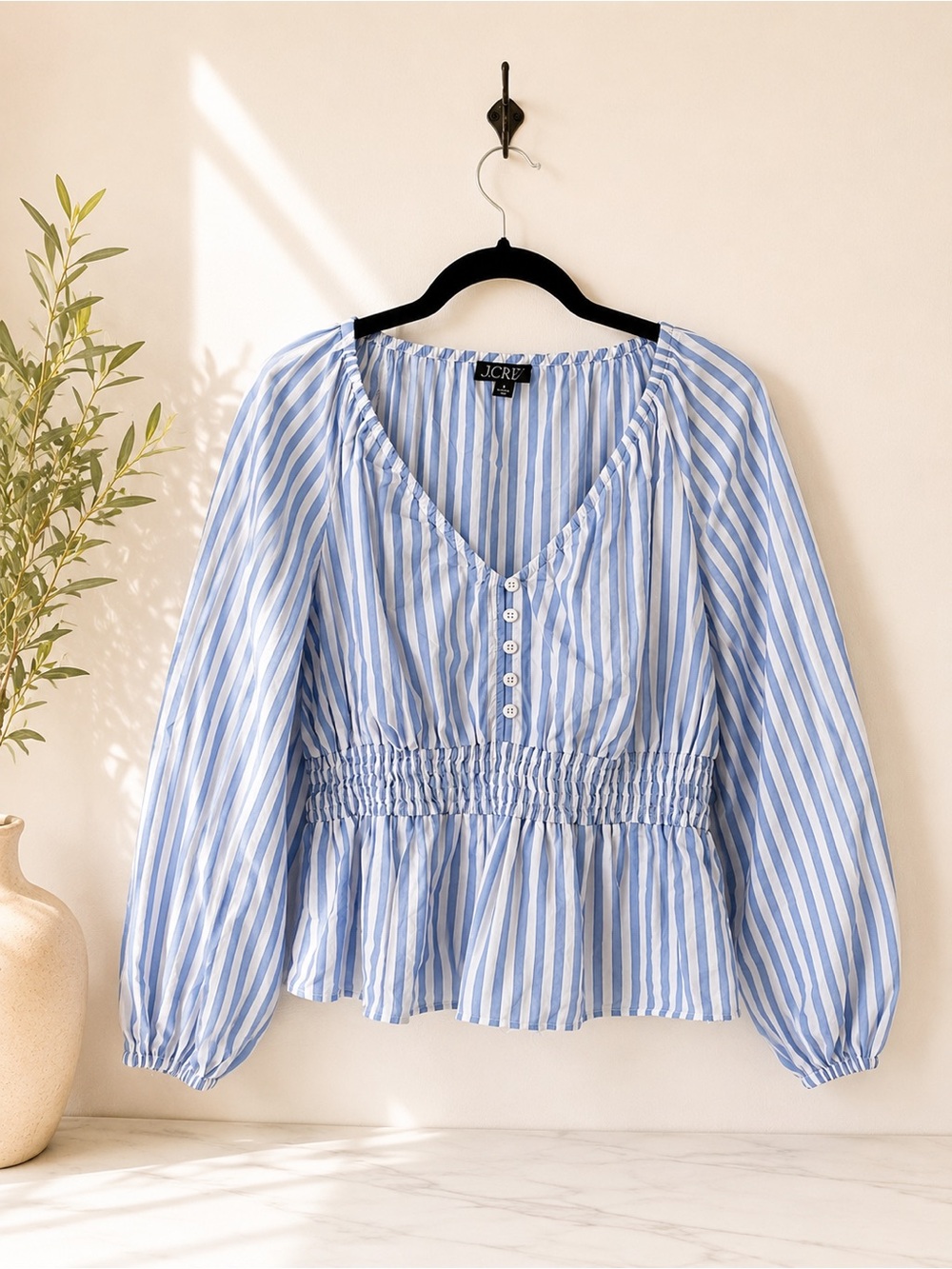J.Crew Blue White Striped Smocked Peplum Blouse M